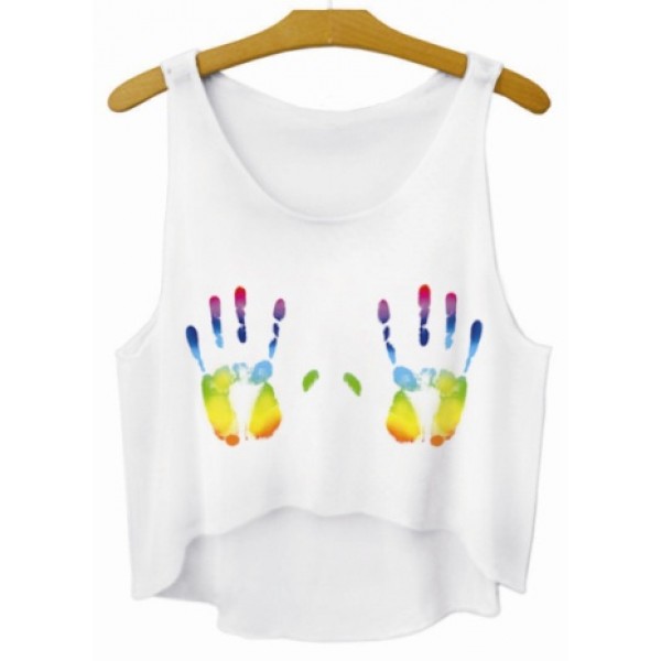 White Colorful Hand Prints Cropped Sleeveless T Shirt Cami Tank Top