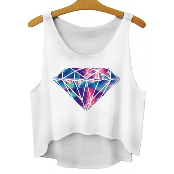 White Diamond Cropped Sleeveless T Shirt Cami Tank Top 