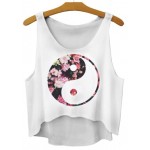 White Flowers Vintage Tai Chi Yin Yang Cropped Sleeveless T Shirt Cami Tank Top 