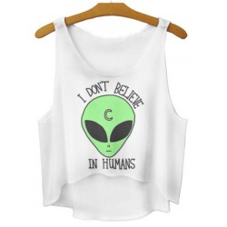 White Green Alien I Don't Believe in Humans Cropped Sleeveless T Shirt Cami Tank Top 