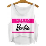 White hello My Name is Barbie Cropped Sleeveless T Shirt Cami Tank Top 