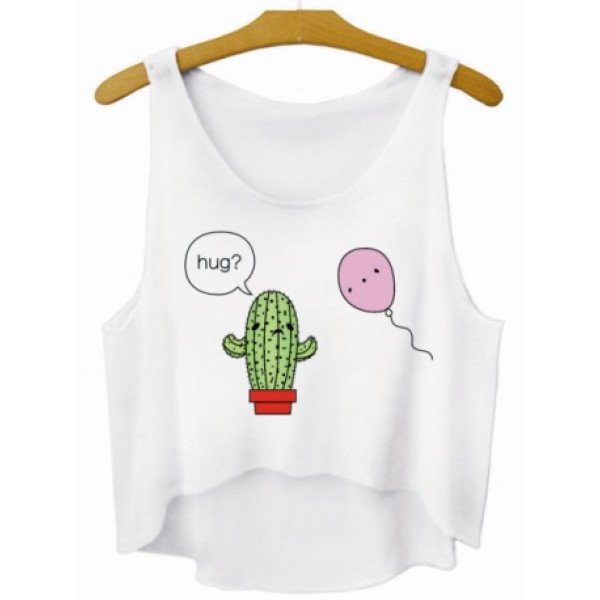 White Hug Kaktus Balloon Cartoon Cropped Sleeveless T Shirt Cami Tank Top 