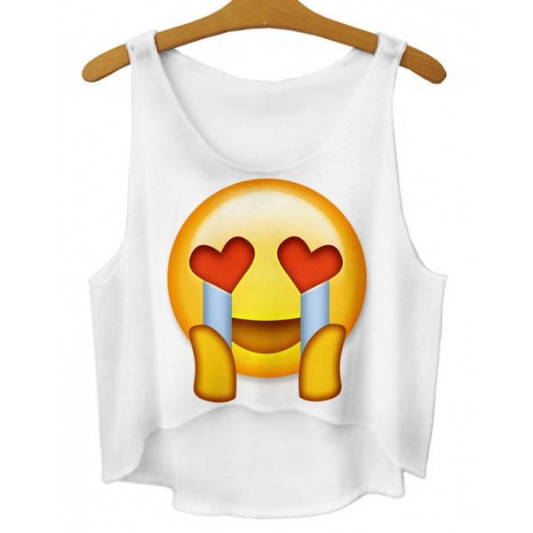 White Yellow Face Heart Eyes Tears Emoji Cropped Sleeveless T Shirt Cami Tank Top 