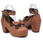 Brown Bow Mary Jane Round Head Lolita Platforms Mid Heels Shoes