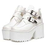 White Double Buckles Platforms Punk Rock Chunky Heels Boots Creepers Shoes