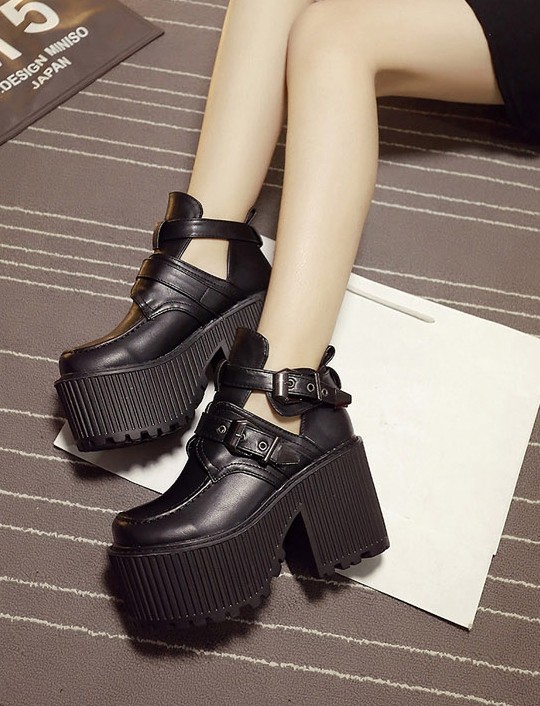 Black Double Buckles Platforms Punk Rock Chunky Heels Boots Creepers Shoes