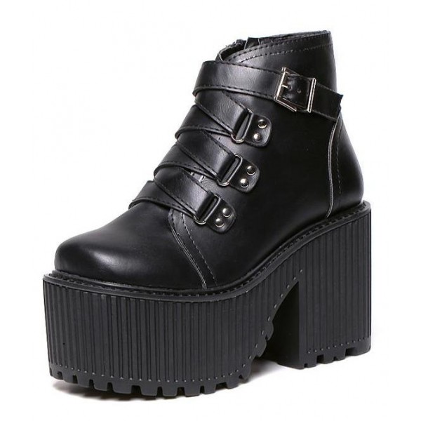 Black Zig Zag Straps Platforms Punk Rock Chunky Heels Boots Creepers Shoes