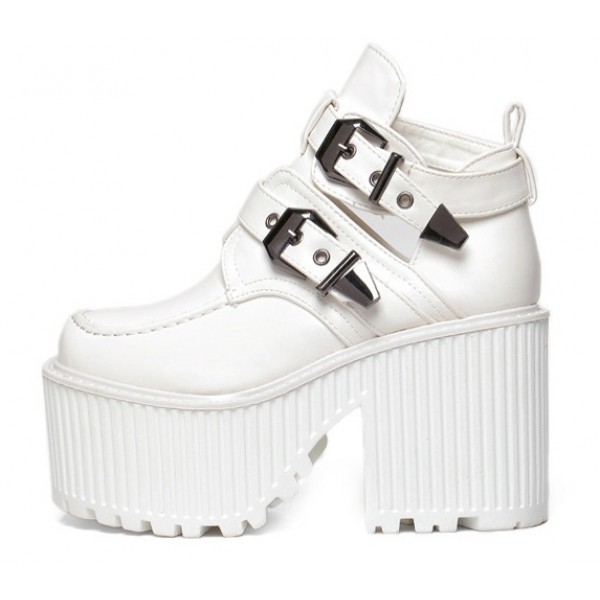 White Double Buckles Platforms Punk Rock Chunky Heels Boots Creepers Shoes