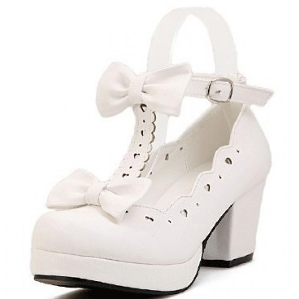 White T Strap Bow Mary Jane Round Head Lolita Platforms Mid Heels Shoes