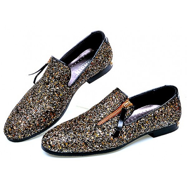 Black Gold Sequins Glitter Bling Bling Mens Oxfords Loafers Dress Shoes Flats