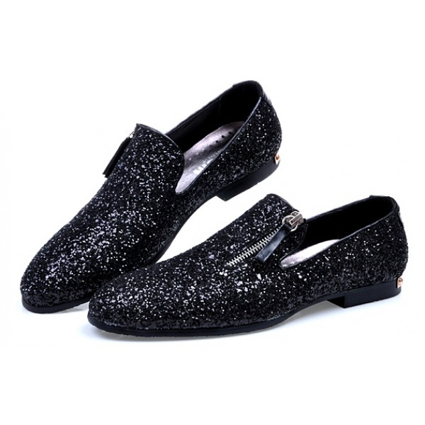 Black Sequins Glitter Bling Bling Mens Oxfords Loafers Dress Shoes Flats
