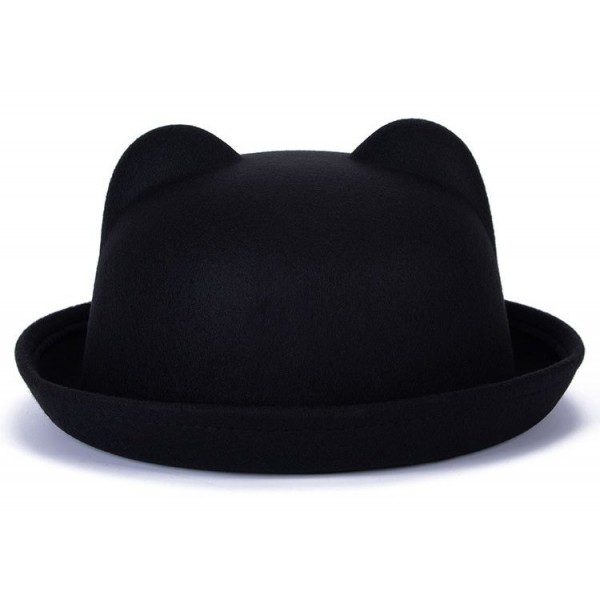 Black Woolen Cat Bear Animal Ears Rolled Brim Dance Jazz Bowler Hat Cap