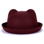 Burgundy Woolen Cat Bear Animal Ears Rolled Brim Dance Jazz Bowler Hat Cap