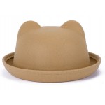 Khaki Beige Woolen Cat Bear Animal Ears Rolled Brim Dance Jazz Bowler Hat Cap