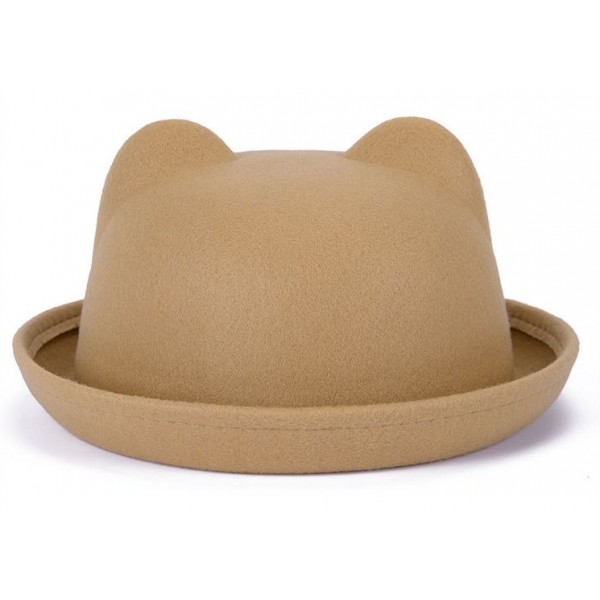 Khaki Beige Woolen Cat Bear Animal Ears Rolled Brim Dance Jazz Bowler Hat Cap