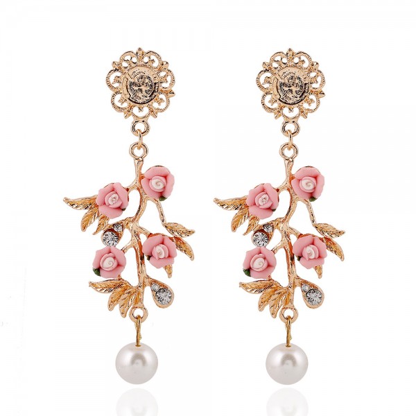 Pink Flowers Gold Pearls Glamorous Earrings Ear Drops