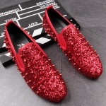 Red Glitter Bling Bling Spikes Punk Rock Mens Loafers Flats Shoes