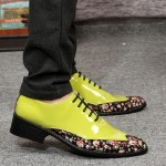 Green Lime Black Florals Patent Pointed Head Lace Up Mens Oxfords Shoes