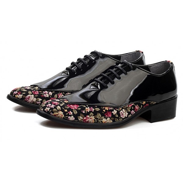Black Florals Patent Pointed Head Lace Up Mens Oxfords Shoes