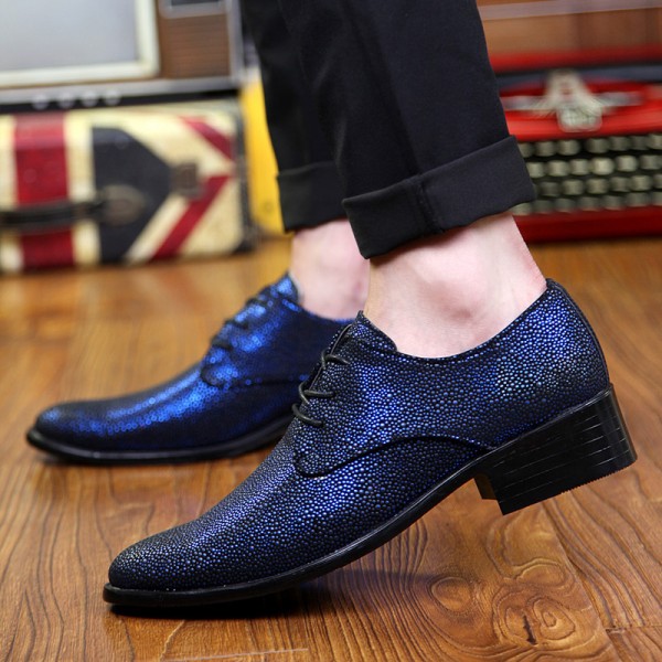 Blue Metallic Pointed Head Lace Up Mens Oxfords Shoes