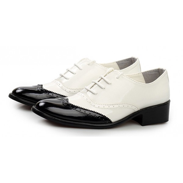 White Black Patent Pointed Head Lace Up Mens Oxfords Shoes