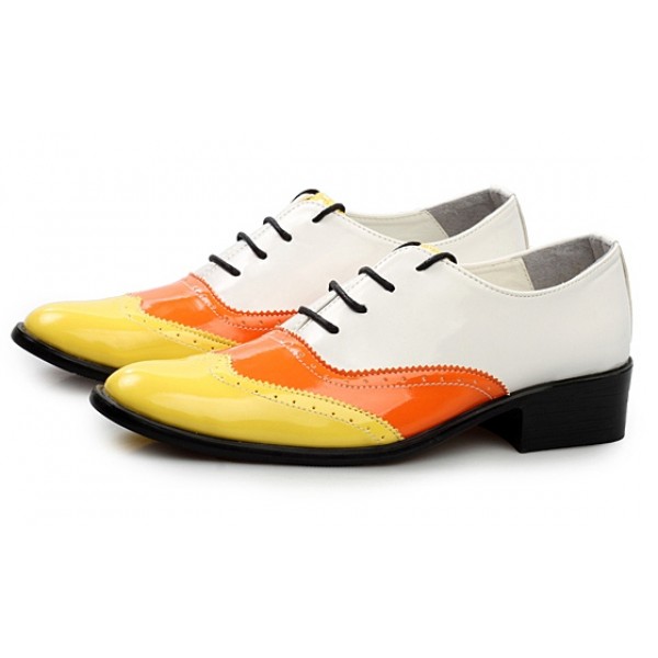 White Orange Patent Pointed Head Lace Up Mens Oxfords Shoes