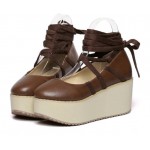 Brown Cross Ankle Straps Ballerina Mary Jane Lolita Wedges Platforms Creepers Shoes