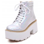 Silver Holographic Laser Lace Up Chunky White Sole Block Platforms Boots Shoes