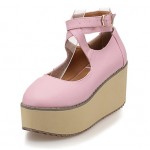 Pink Cross Ankle Straps Mary Jane Lolita Wedges Platforms Creepers Shoes
