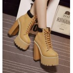 Brown Camel Khaki Lace Up Chunky Sole Block High Heels Platforms Boots Shoes
