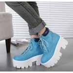 Blue Lace Up Chunky White Sole Block Platforms Boots Shoes
