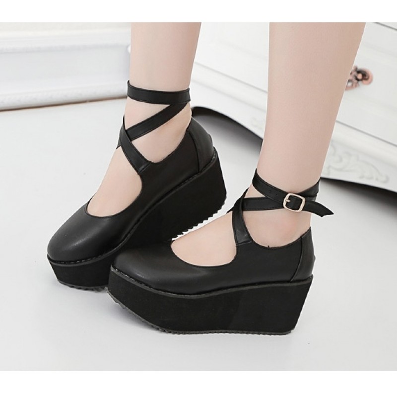 Black Cross Ankle Straps Mary Jane Lolita Wedges Platforms Creepers Shoes