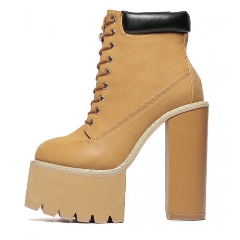 Brown Camel Khaki Lace Up Chunky Sole Block High Heels Platforms Boots ...