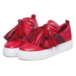 Red Leather Tassels Fringes Casual Sneakers Loafers Flats Shoes