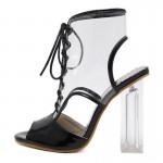 Transparent Black Patent Lace Up PU Peep Toe Glass High Heels Boots Shoes