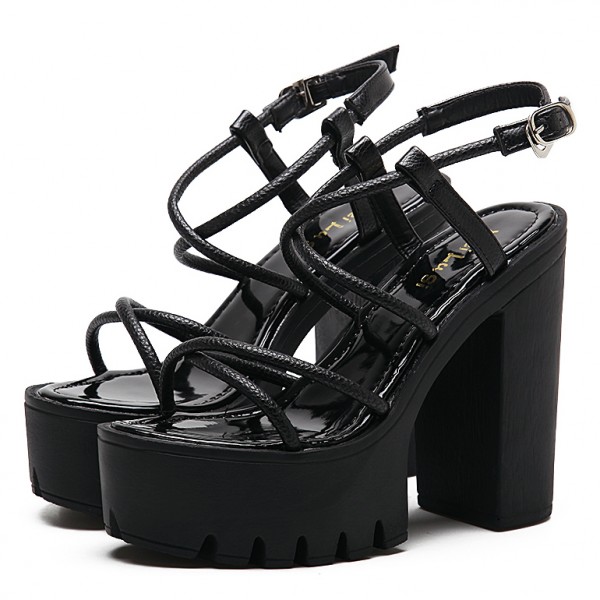 Black Gladiator Thin Straps Punk Rock Platforms High Heels Sandals Shoes