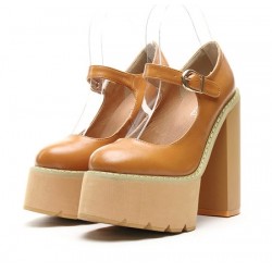 Brown Yellow Camel Mary Jane Round Head Punk Rock Platforms High Heels Shoes