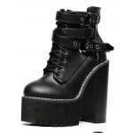 Black Gothic Punk Rock Straps Chunky Sole Block High Heels Platforms Boots Shoes