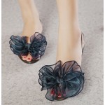 Blue Giant Organza Bow Flower Jelly Ballets Ballerina Sandals Flats Shoes