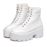 White Lace Up Chunky White Sole Block Platforms Boots Shoes