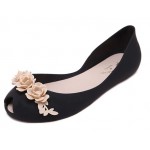 Black Pink Peep Toe Flower Jelly Ballets Ballerina Sandals Flats Shoes