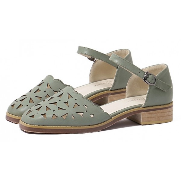 Green Hollow Out Point Head Mary Jane Sandals Flats Shoes