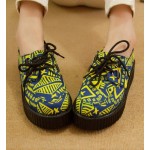 Blue Yellow Tribal Totem Pattern Lace Up Platforms Creepers Oxfords Shoes