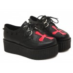 Black Red Cross Studs Punk Rock Lace Up Platforms Creepers Oxfords Shoes