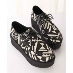 Black White Tribal Totem Pattern Lace Up Platforms Creepers Oxfords Shoes