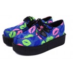 Blue Colorful Lips Mouths Lace Up Platforms Creepers Oxfords Shoes
