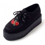 Black Suede Embroidery Cherry Lace Up Platforms Creepers Oxfords Shoes