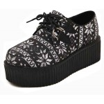 Black White Snow Flakes Lace Up Platforms Creepers Oxfords Shoes
