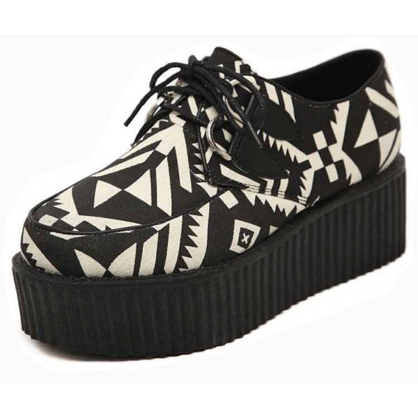 Black White Tribal Totem Pattern Lace Up Platforms Creepers Oxfords Shoes