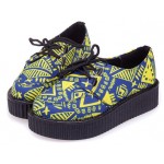Blue Yellow Tribal Totem Pattern Lace Up Platforms Creepers Oxfords Shoes
